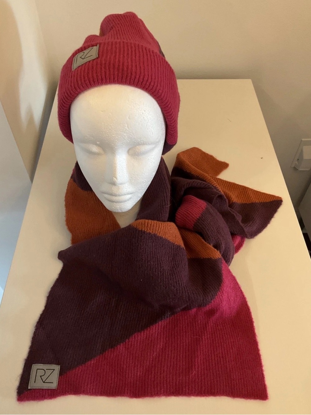 Rachel Zoe Beanie And Scarf Set Knit Bright Plum/Orange/Orange Warm Winter Cozy